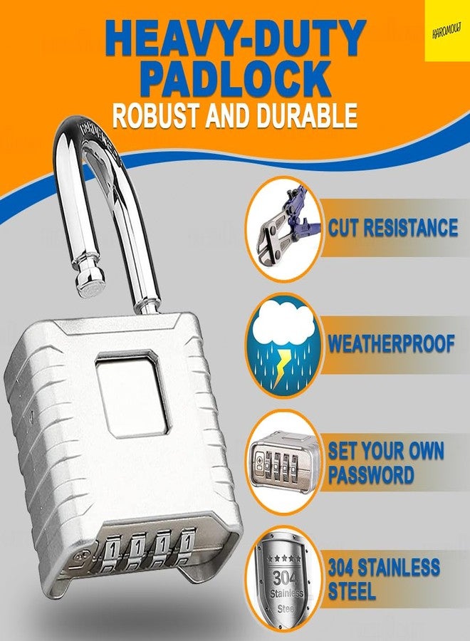 Karomouj Heavy Duty 4 Digit Number Lock Weatherproof Combination Security Padlock for Sheds, Gates, Tool Boxes and Lockers & Outdoor Use | Durable & Reliable Protection (Silver, Zinc) - Image 3